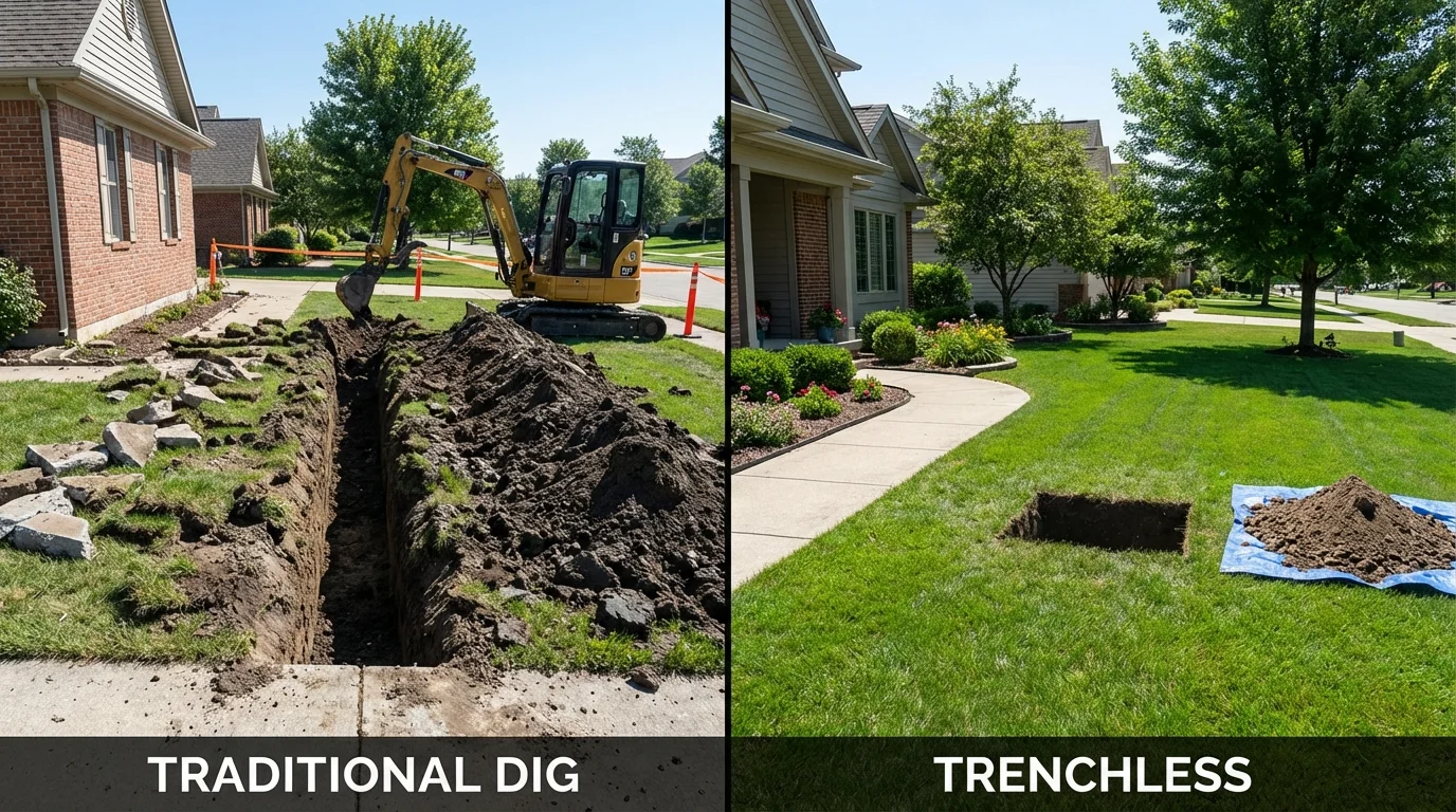 Trenchless sewer repair with minimal yard damage versus traditional excavation in Centerville, TN