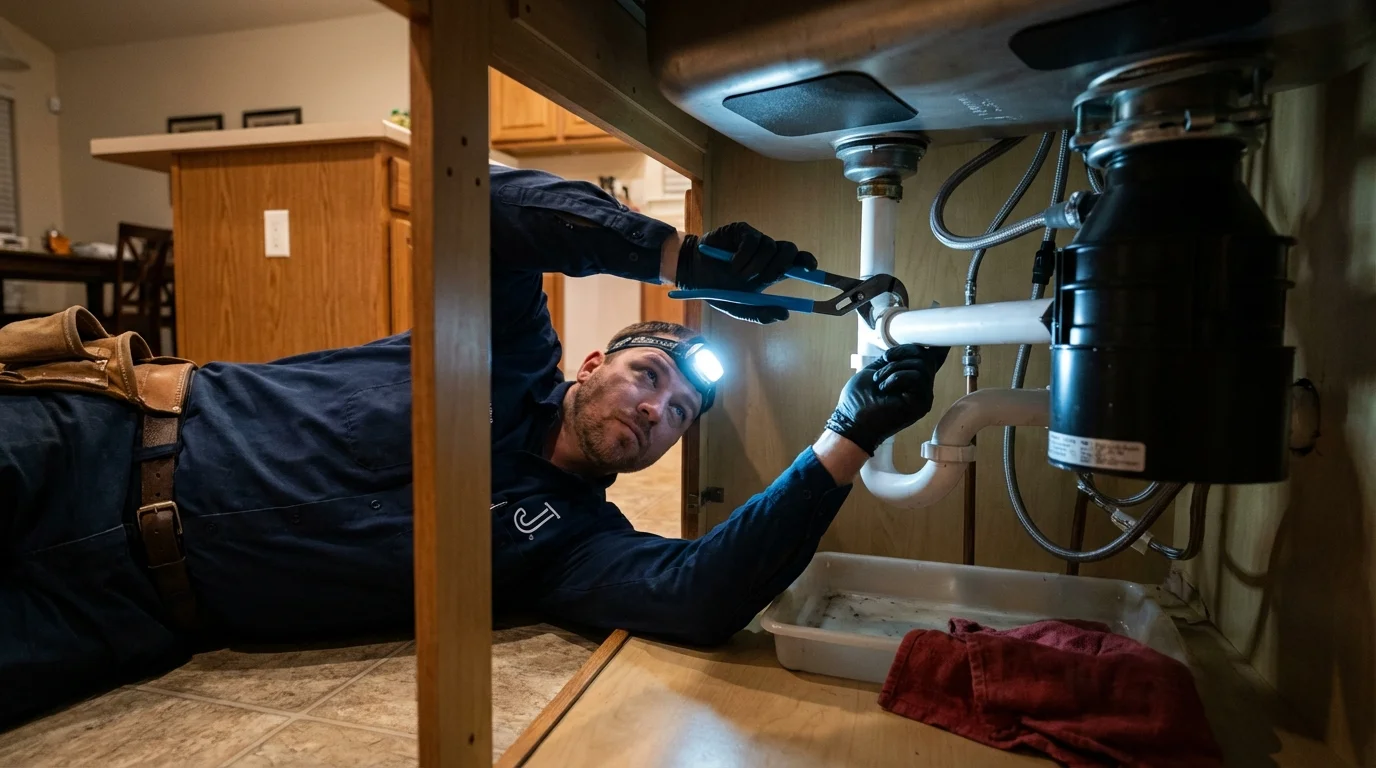 P-trap and supply line connections under a kitchen sink showing a common leak point in Centerville, TN